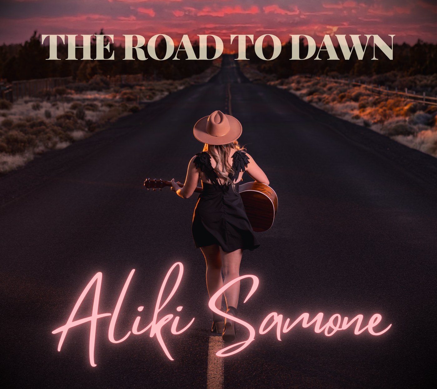 The Road to Dawn album cover: Aliki walking a sunset road with her guitar